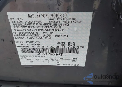 2021 Ford Ecosport S z USA, uszkodzony, nr VIN MAJ6S3FL6MC426731